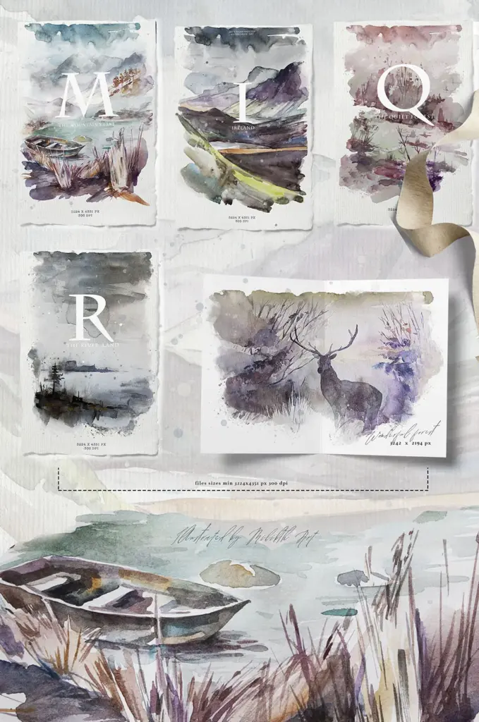 Two horizontal watercolor landscape cards are shown, featuring a red car with a Christmas tree in a snowy setting.