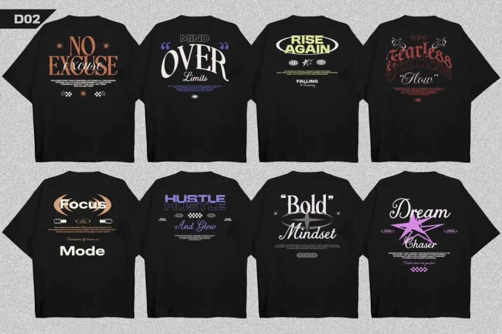 Eight black t-shirts with bold motivational typography, streetwear t-shirt designs