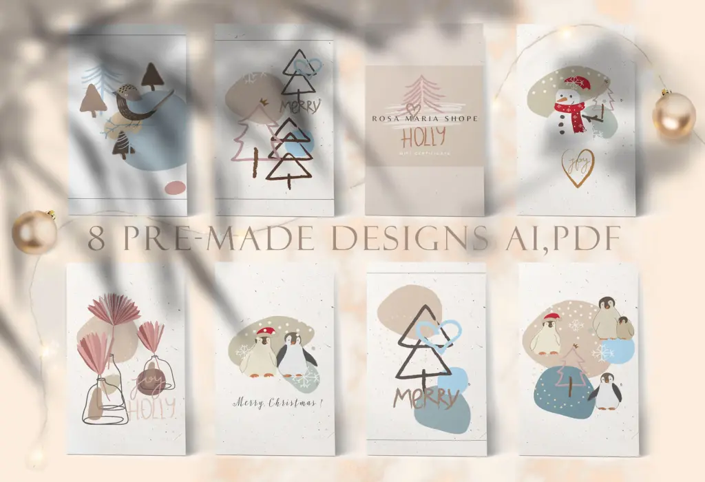 Eight different pre-made Christmas designs for cards or posters are laid out in a grid.