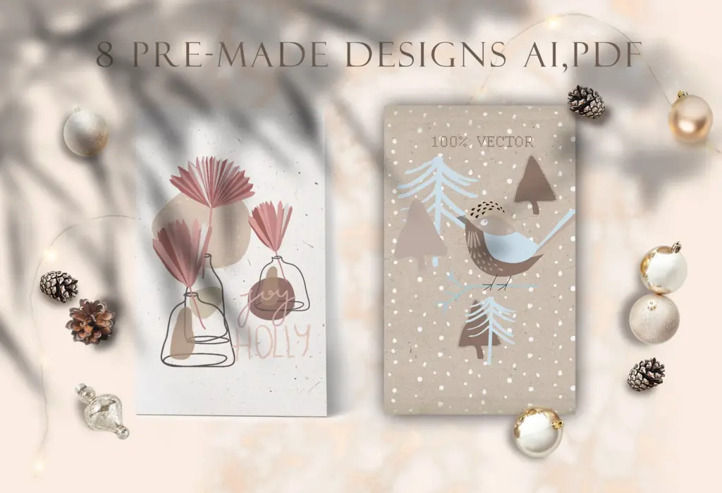 This preview shows two pre-made card designs featuring abstract art and a bird on a snowy branch.