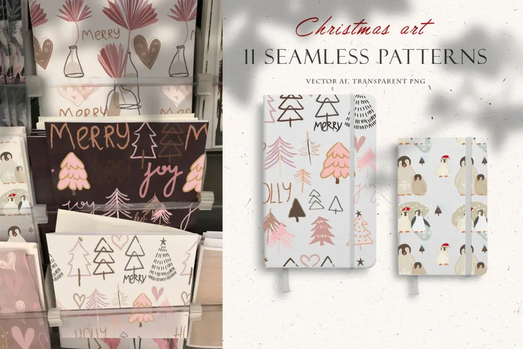 This image shows two notebooks with Christmas-themed seamless patterns.