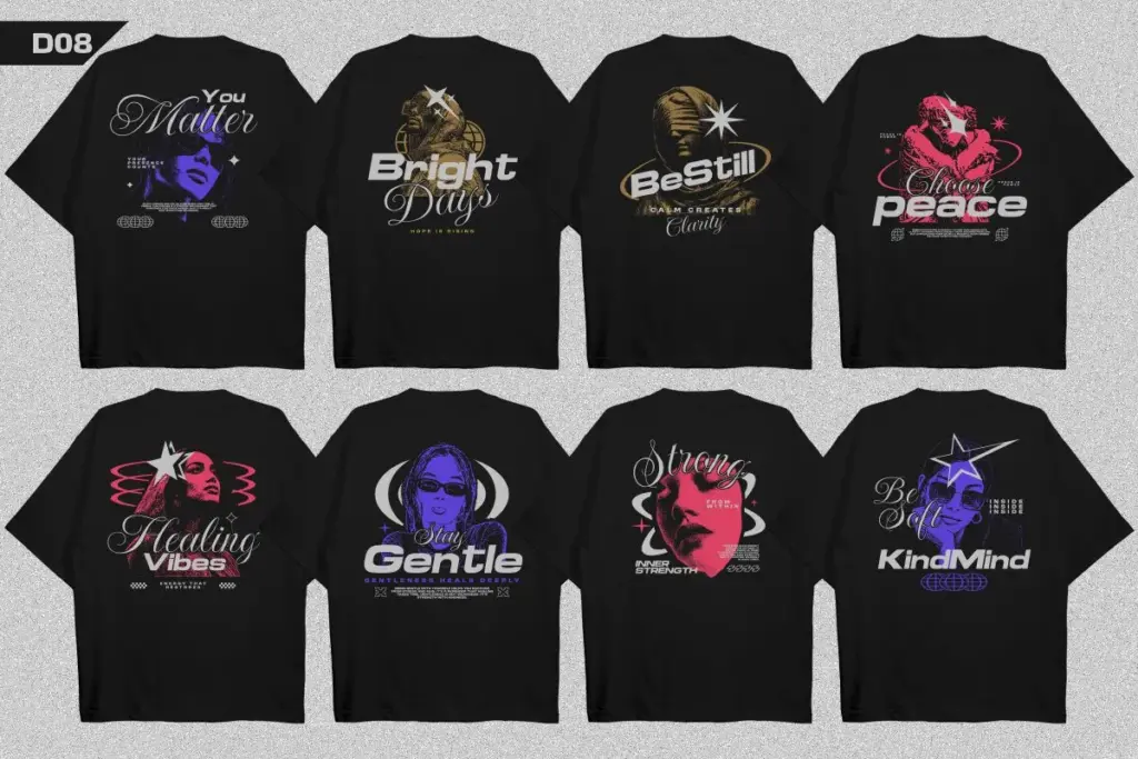 Eight black t-shirts with soft-toned portraits and messages, streetwear t-shirt designs