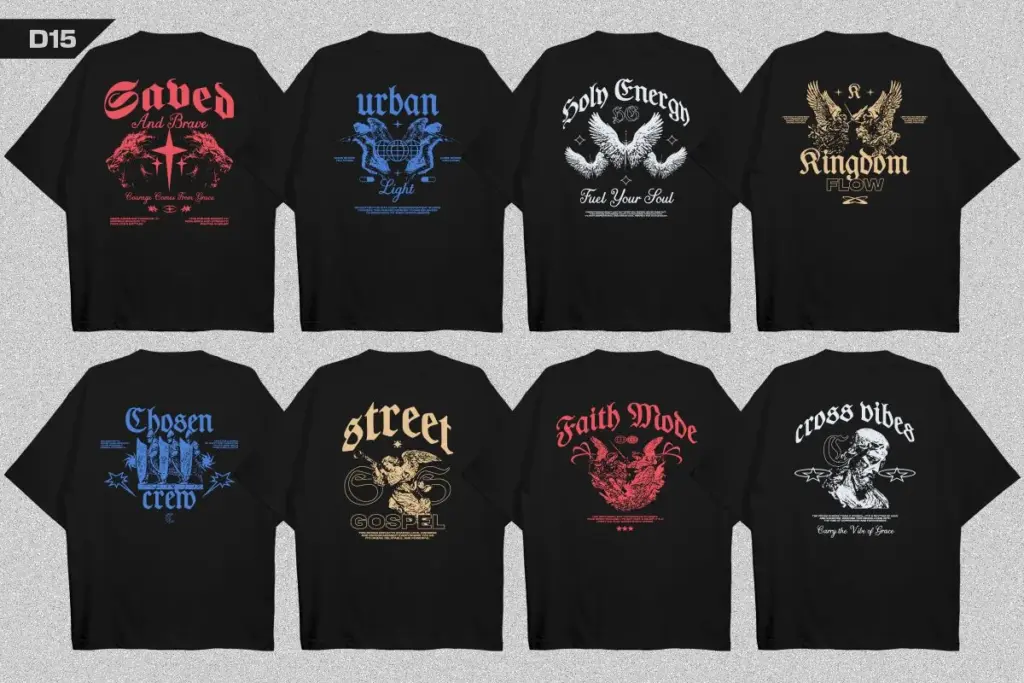 Eight black tees blending faith and streetwear with crosses, crowns, and phrases