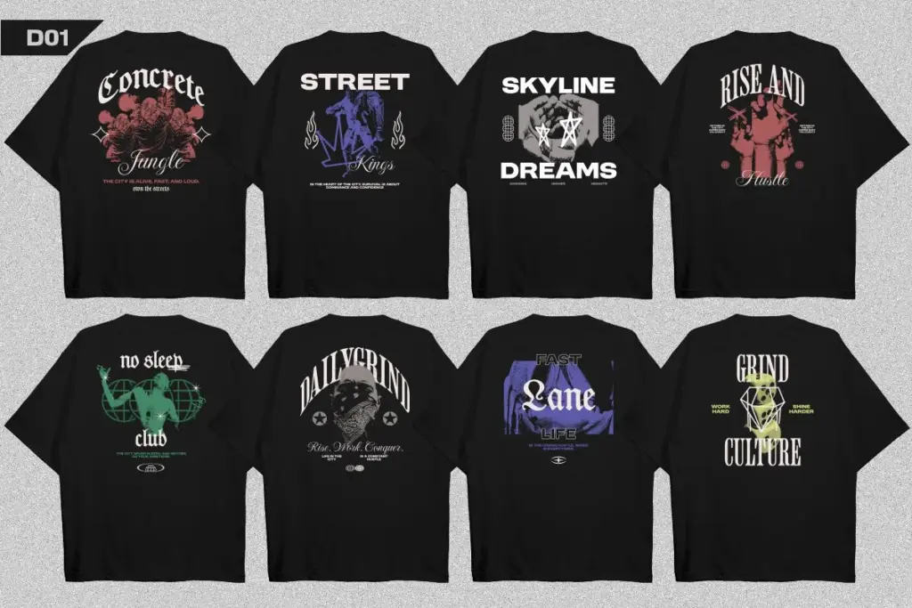 Eight black graphic tees with gritty streetwear t-shirt designs featuring cars, skulls, lions, and motivational phrases