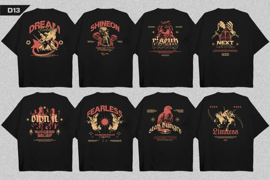 Eight black tees with motivational illustrations like dragons, eagles, and stair climbers with success-driven text