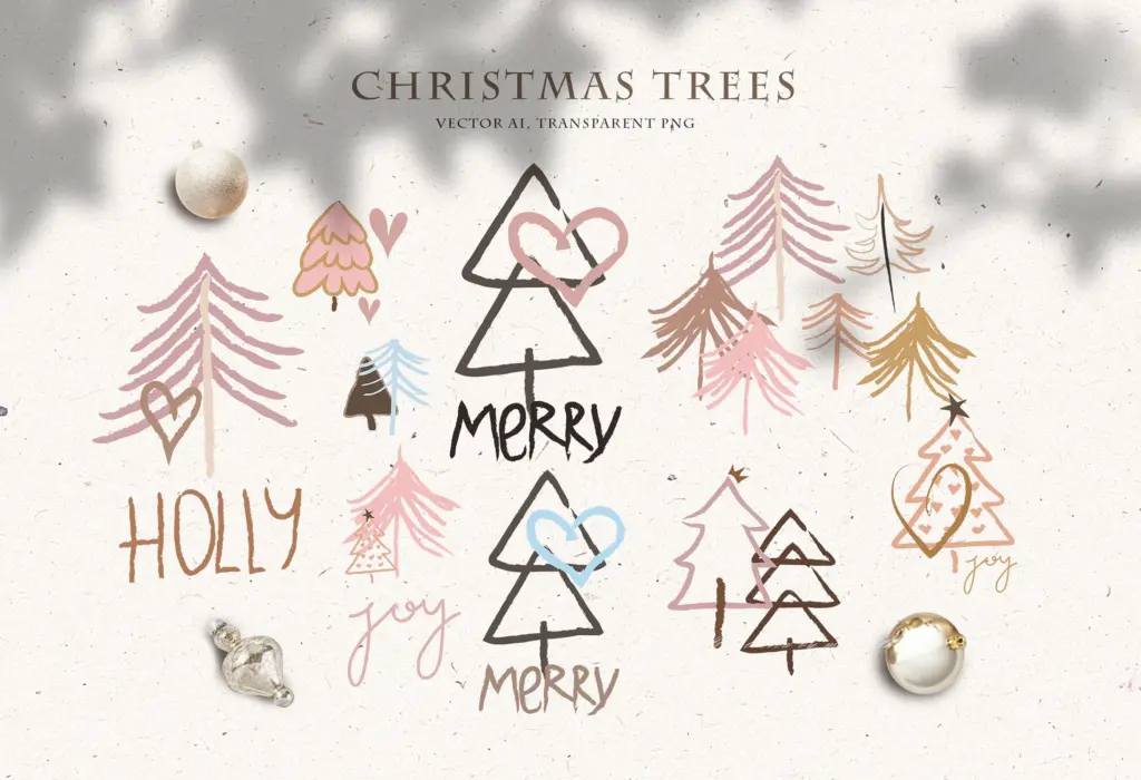 A collection of various hand-drawn Christmas tree illustrations is shown on a textured background.