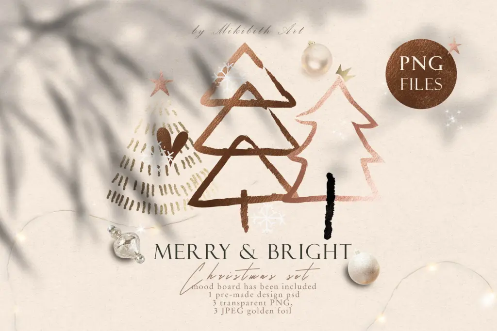 Christmas set features three stylized, hand-drawn trees with gold and copper foil textures.
