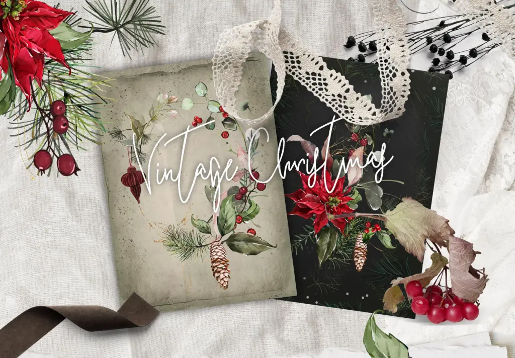 A flat lay shows two Christmas card mockups on a crumpled white fabric. One card has a vintage paper texture, and the other is a dark, elegant design.