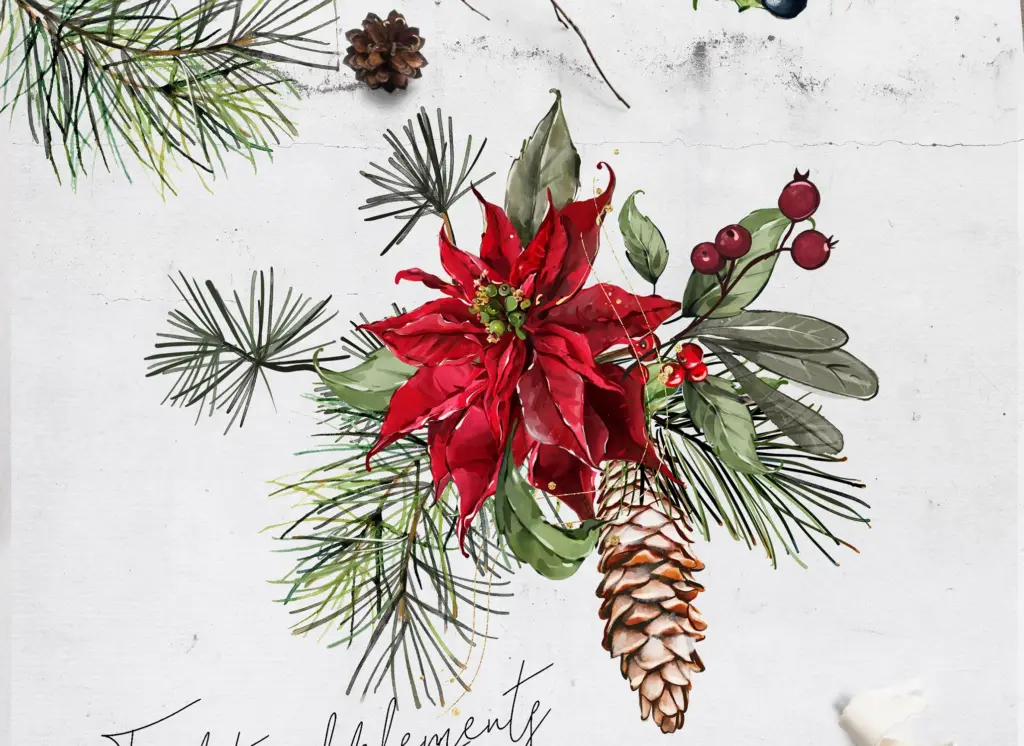 A detailed watercolor illustration of a poinsettia, pine cone, and pine branches is displayed on a textured white background.