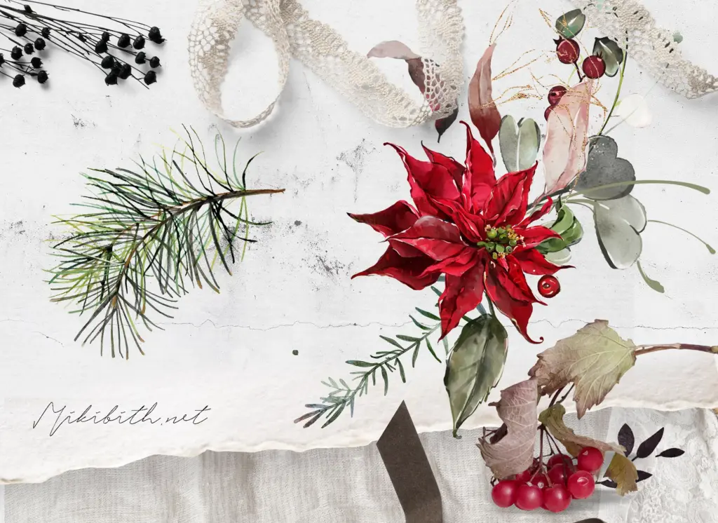 A flat lay shows a watercolor poinsettia and pine branches on a white textured background with ribbons.