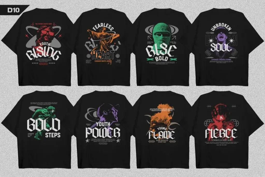 Eight black t-shirts with colorful portraits and youth empowerment themes