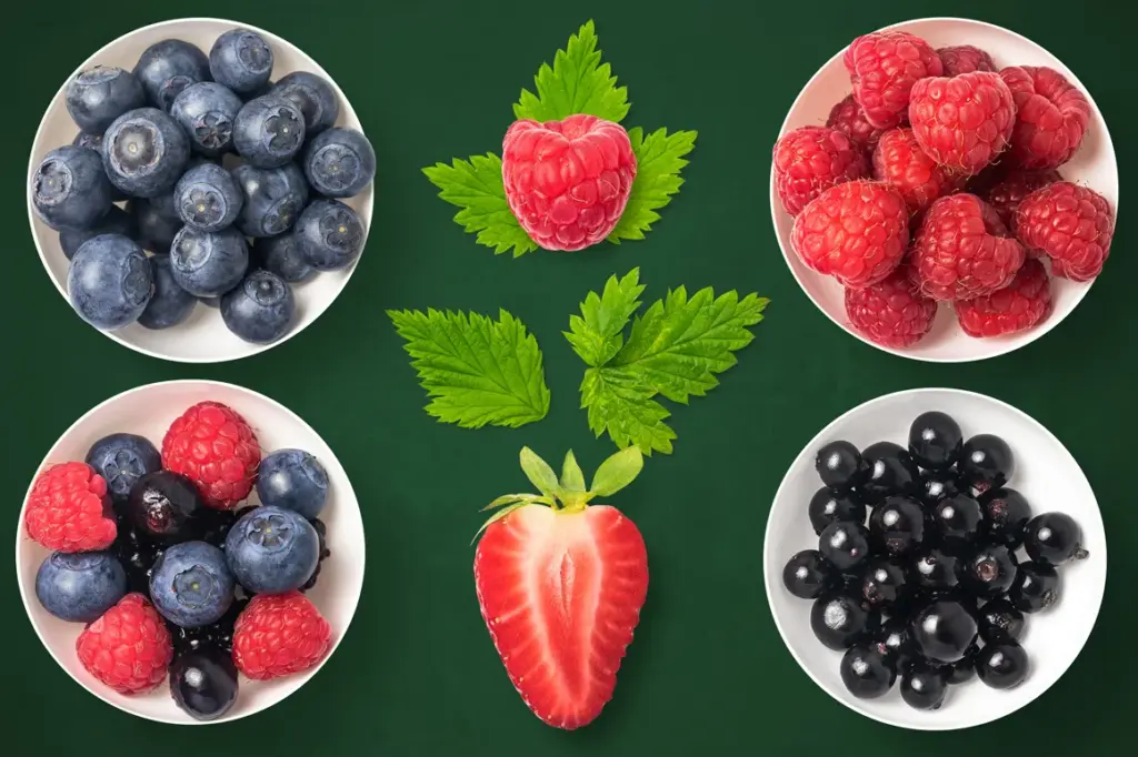 Five bowls of blueberries, raspberries, blackcurrants, and mixed berries with a halved strawberry and decorative leaves