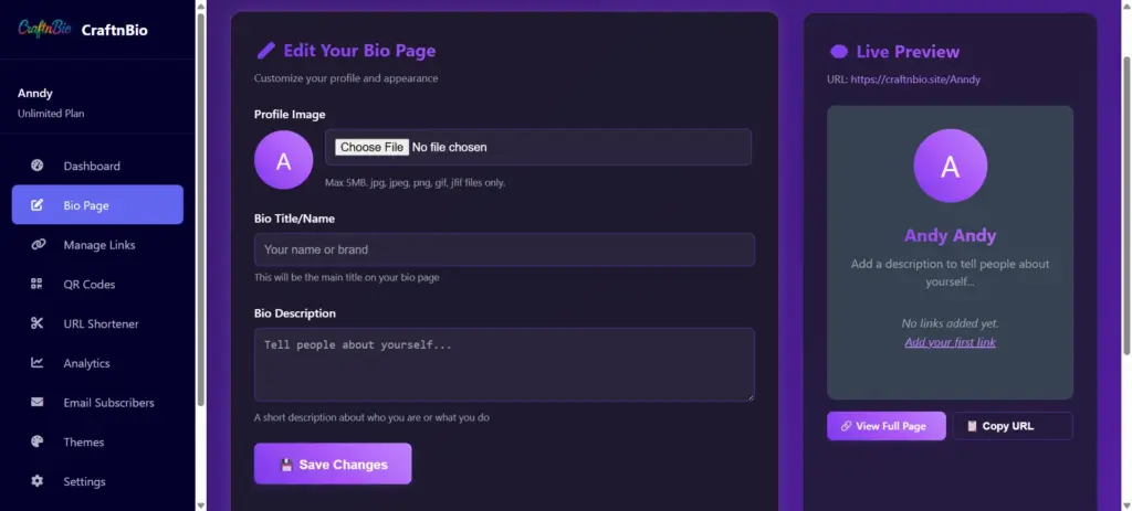 Bio Page Creation In CraftnBio Link In Bio Creator