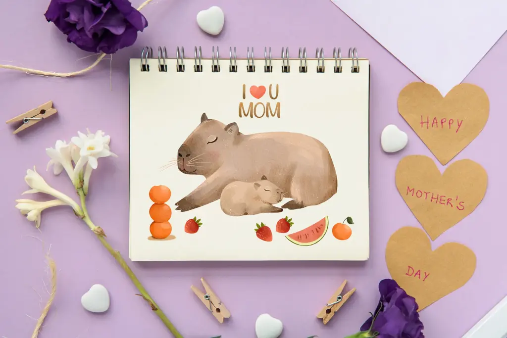 Spiral notebook with capybara duo and “I ❤ MOM,” styled with flowers and hearts Watercolor Animals