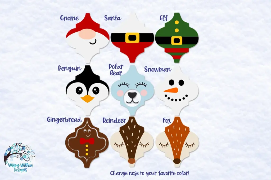 Set of 9 arabesque-shaped Christmas ornaments featuring festive character faces including Santa, Elf, Penguin, Reindeer, and Gingerbread, ideal for holiday crafting.