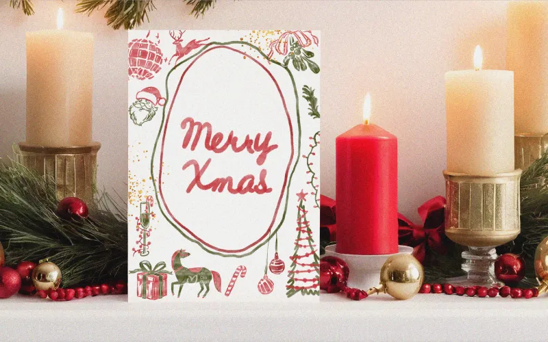 Christmas-themed greeting card with “Merry Xmas” text, surrounded by candles, ornaments, and holiday decorations on a white surface