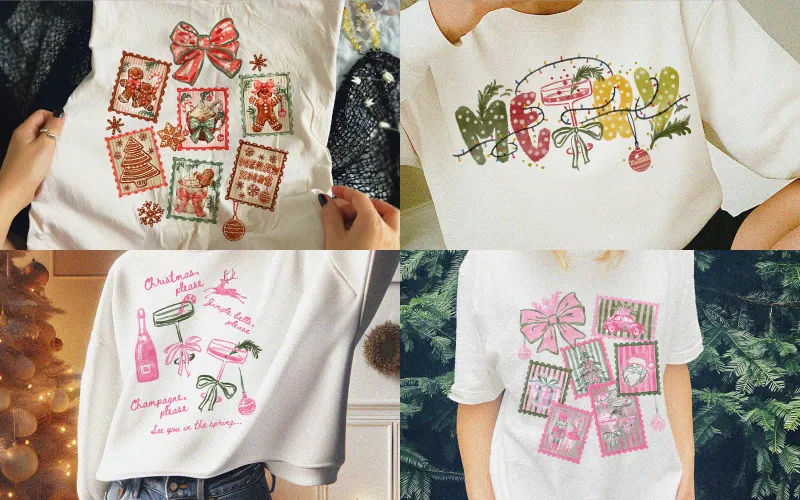 Collage of four shirt mockups showing vintage-style Christmas stamp graphics, a 'NOEL' design, and two pink cocktail/champagne holiday designs.