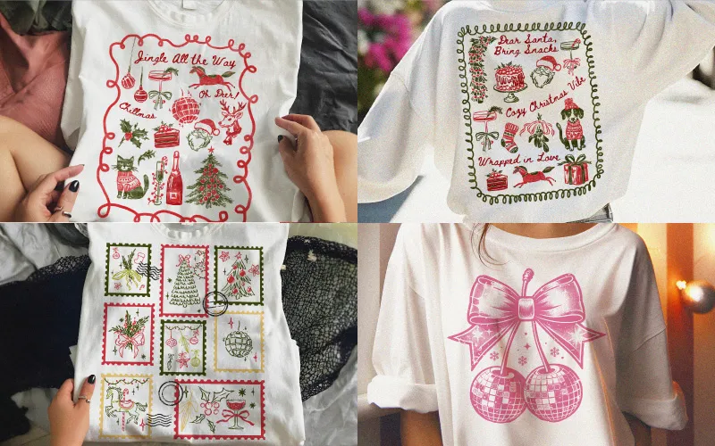 Collage of four white shirt mockups featuring designs with framed festive icons, a "Dear Santa, Bring Snacks" graphic, a collage of Christmas stamps, and pink disco ball cherries.