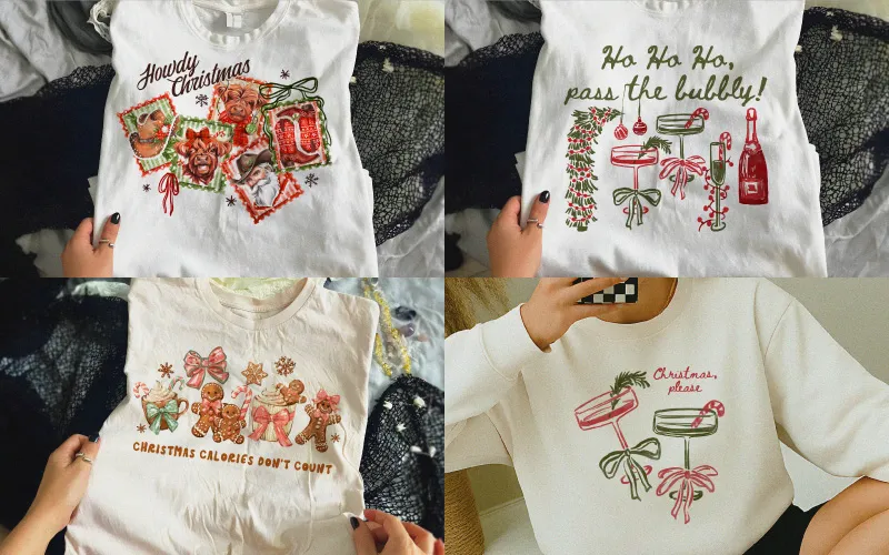 Collage of four T-shirt mockups displaying designs with Western-style 'Howdy Christmas' stamps, a champagne/bubbly graphic, gingerbread men, and pink cocktail glasses.