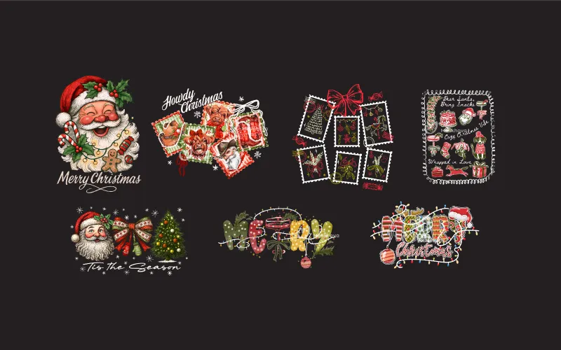 Collage of Christmas graphics including Santa Claus, Western-themed cow/reindeer stamps, stamp collections, and holiday typography.