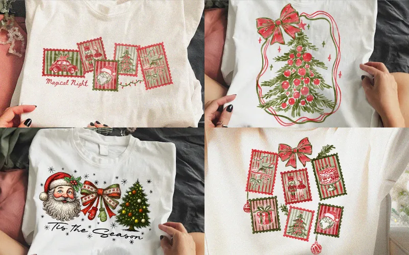 Collage of four white T-shirt mockups with designs featuring Christmas stamps, Santa Claus, a large bow, and a decorated Christmas tree.
