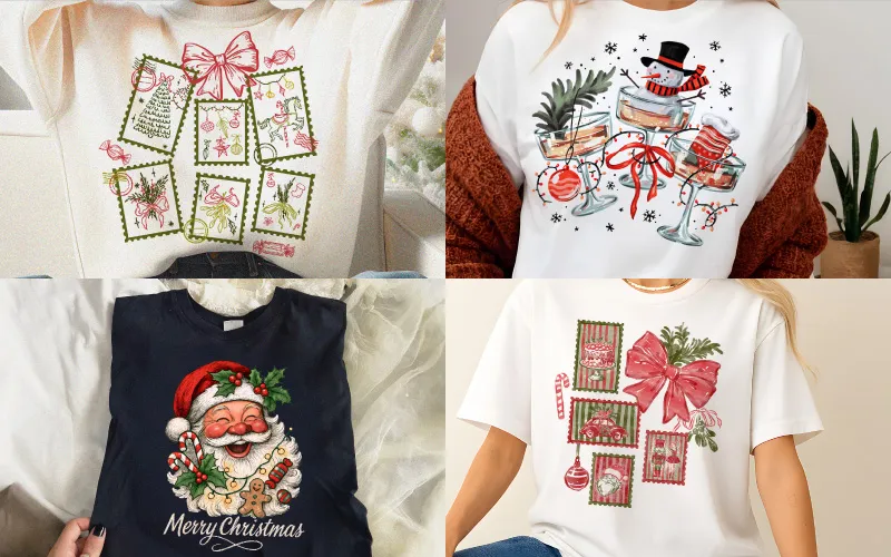 Collage of four T-shirt mockups with designs including pink and green Christmas stamps, a snowman in a cocktail glass, and a classic Santa Claus on a dark background.