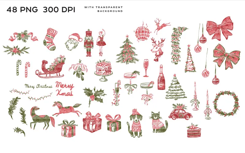 High-resolution Christmas-themed illustrations including Santa, ballerina, reindeer, gifts, ornaments, and festive animals in red and green palette