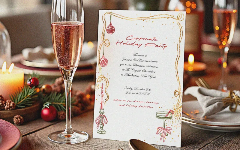 Formal Christmas party invitation with classic decor, surrounded by pinecones, berries, and sparkling wine on a festive table.