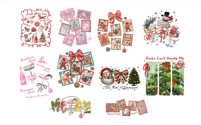 Collection of pink and red vintage-style Christmas graphics, featuring stamp collages, Santa, Christmas trees, gingerbread, and cocktail designs.
