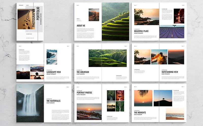 Grid showing the cover and multiple interior spreads of a white photography portfolio template on a marble background.