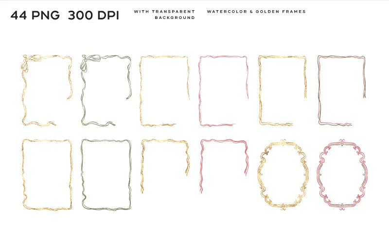 Watercolor frames with golden accents in oval and rectangular shapes, featuring bows and ribbons in pink, green, and gold tones