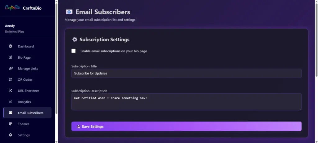Email Subscribers Collection In CraftnBio Link In Bio Creator