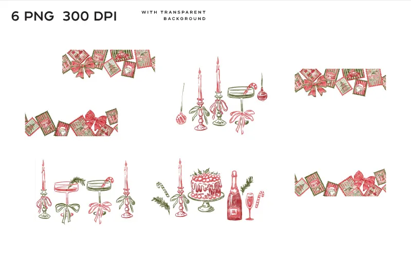 Horizontal compositions of wrapped gifts, candles, and celebratory table scenes in red, green, and white watercolor style