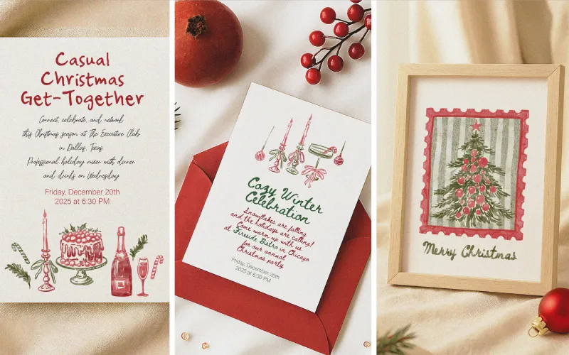 A collage of three holiday cards: casual get-together, cozy winter celebration, and a framed “Merry Christmas” tree artwork.