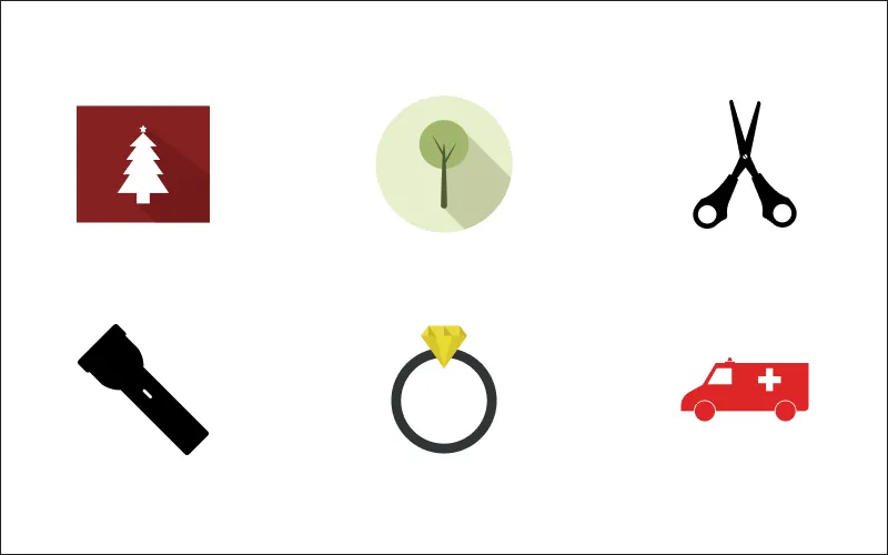 A collage of Christmas tree, scissors, flashlight, ring, and ambulance Miscellaneous icons