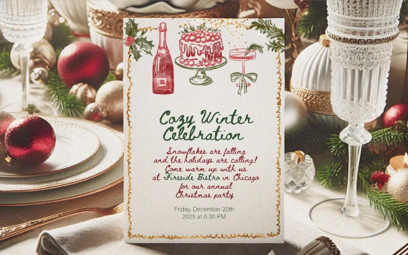 Cozy holiday celebration invite featuring champagne, cake, and greenery illustrations, placed on an elegant holiday table setting.