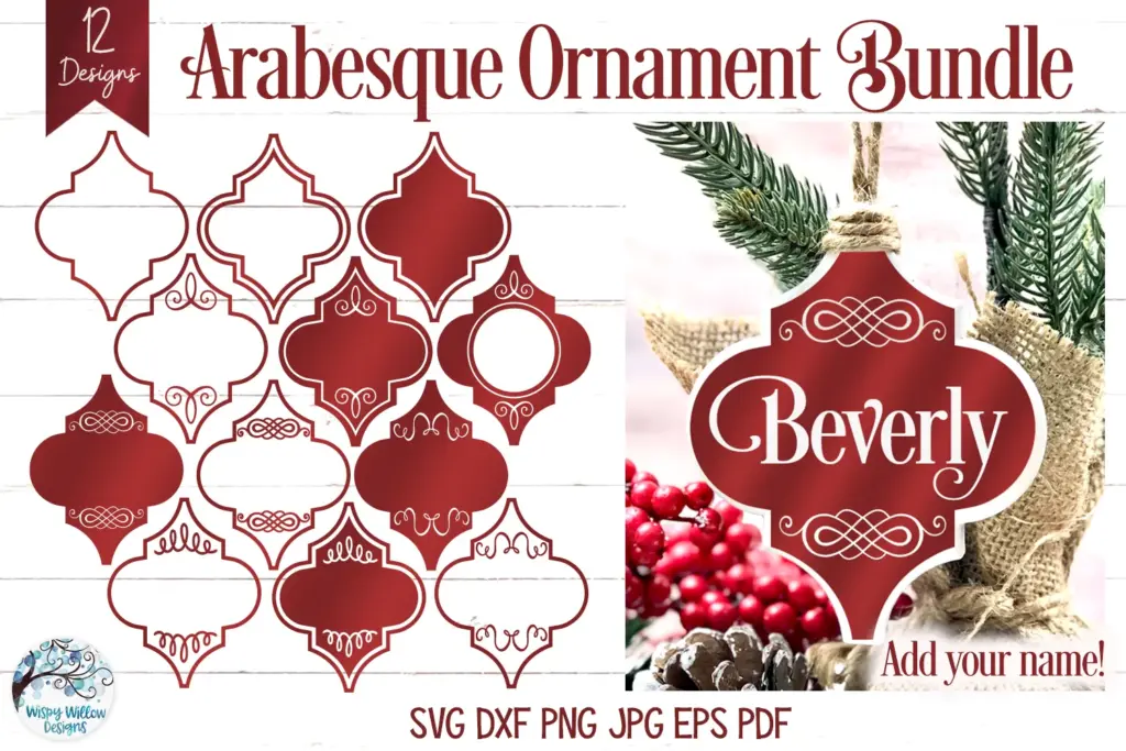 Arabesque ornament bundle with 12 red-framed designs featuring blank centers for custom names