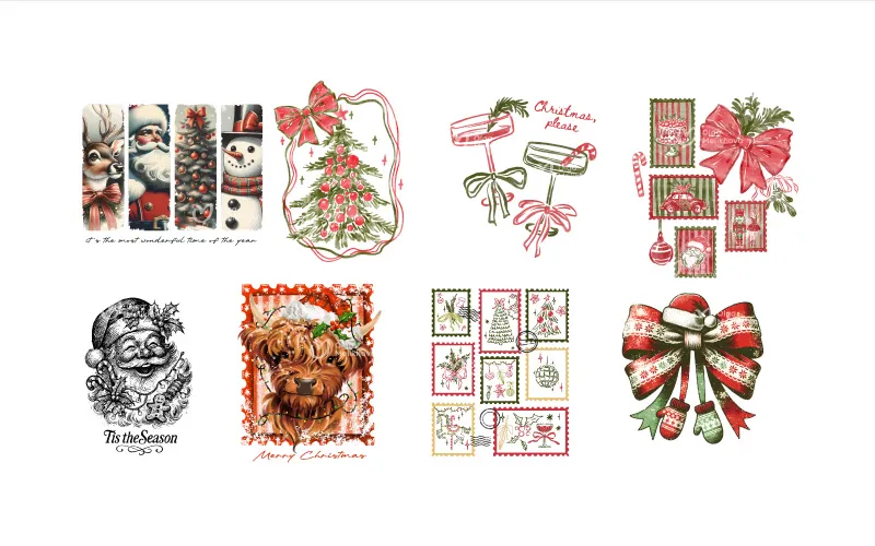 High-resolution Christmas graphics, including vertical banners, a Scottish Highland cow with a Santa hat, a line-art Santa, a Christmas tree graphic, and various stamp designs.