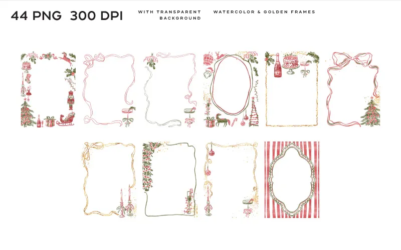 Christmas-themed watercolor frames decorated with holly, candy canes, ornaments, and festive ribbons in red, green, and gold.