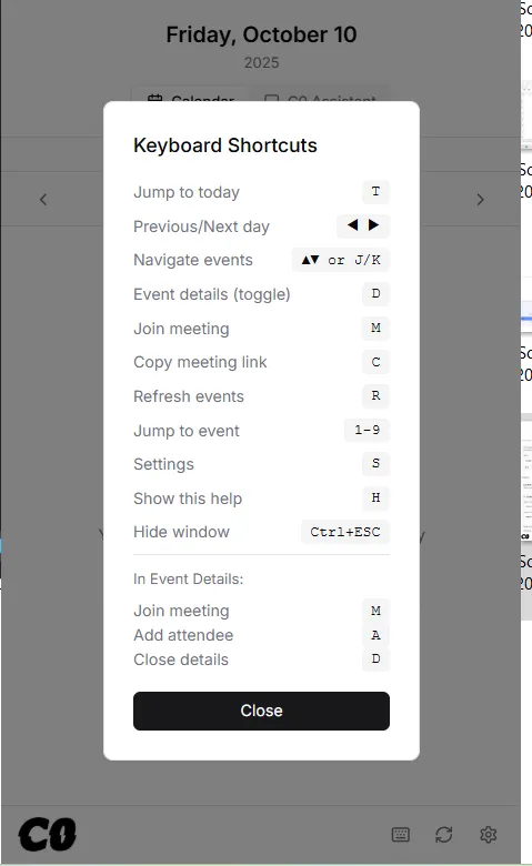 Keyboard Shortcuts In C0 AI Calendar App
