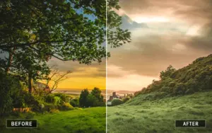 Before and after using the landscape Photoshop action