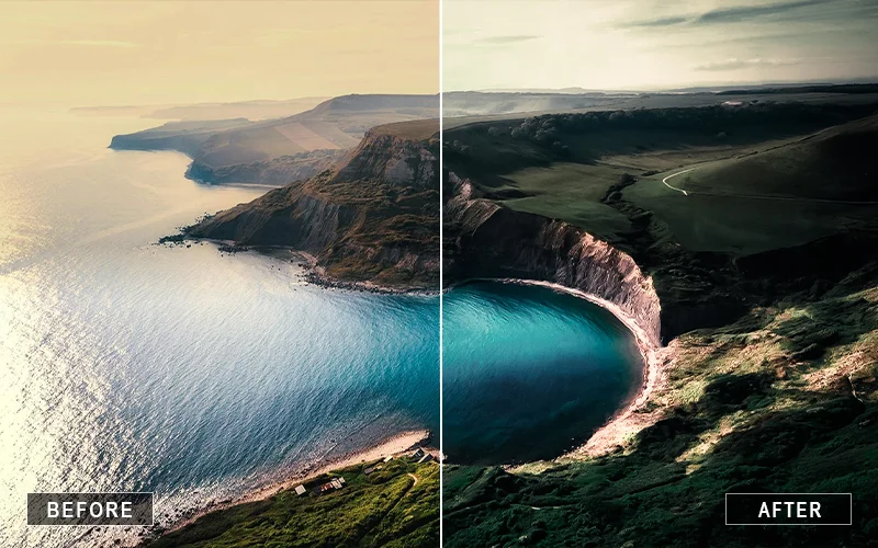 Before and after using the landscape Photoshop action