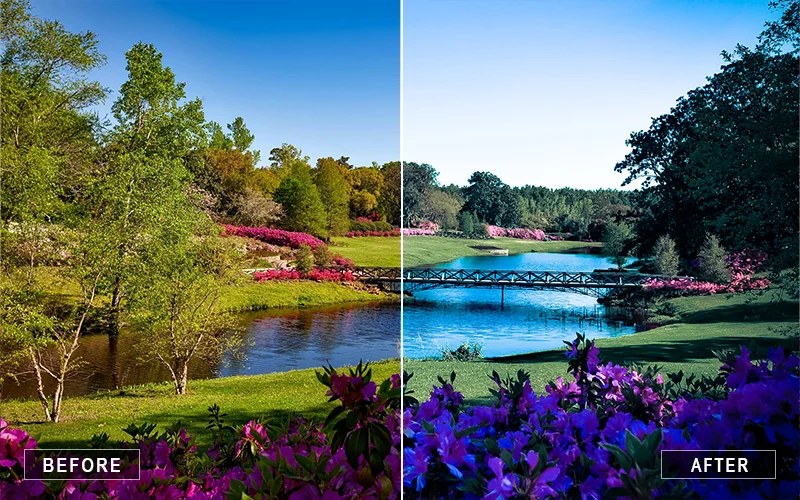 Before and after using the landscape Photoshop action