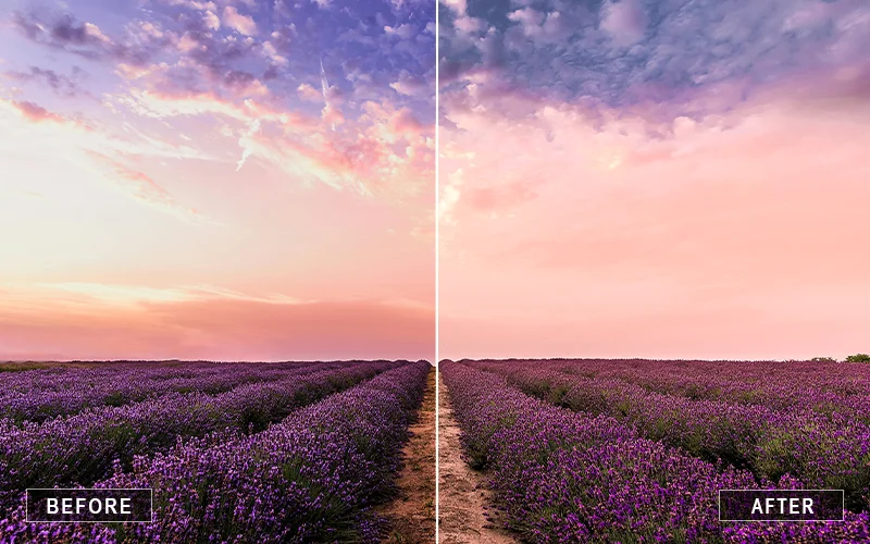 Before and after using the landscape Photoshop action