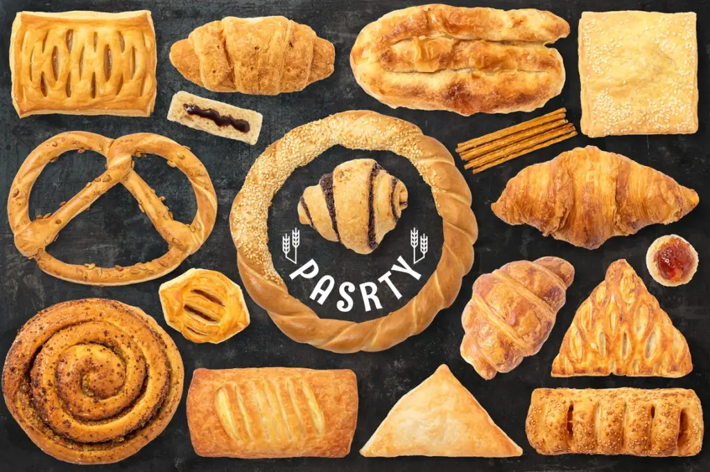 Croissants, pretzels, danishes, and breads arranged around a circular sesame loaf with “PASRTY” text and wheat icons