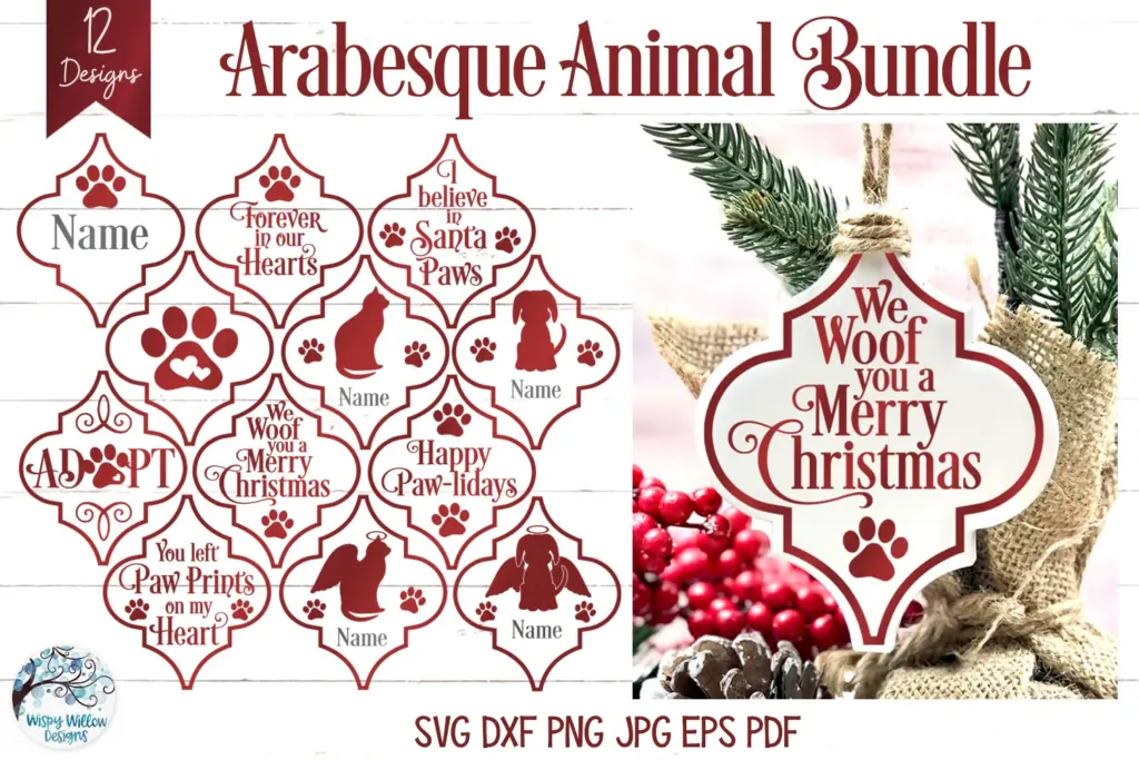 Pet-themed ornament bundle with 12 arabesque designs featuring phrases like “Santa Paws,” “Happy Paw-lidays,” and “ADOPT,” with paw prints and animal silhouettes.