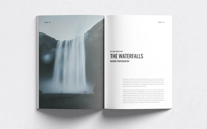 Open page of a white photography portfolio book, showing a large image of a waterfall on one side.