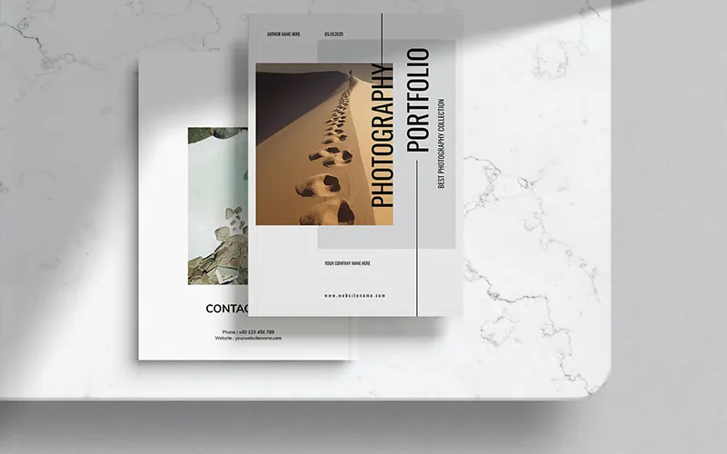 Full spread of open pages from a photography portfolio book, showcasing various landscape and portrait photos.