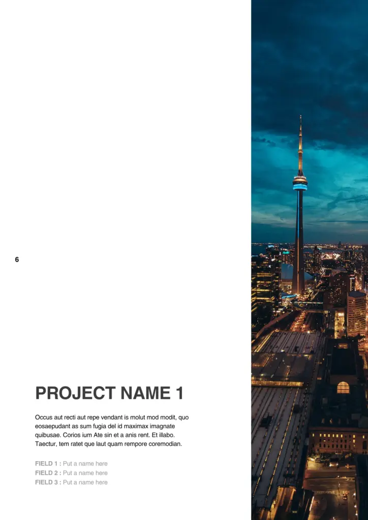 Project 1 page of photography portfolio template with Toronto skyline at night with CN Tower lit up