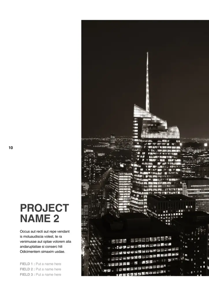 Project 2 page of photography portfolio template with Bank of America Tower lit against dark sky